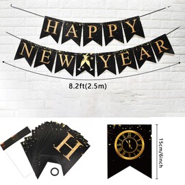 Happy New Year Banner Decorations 2025,Large Size 16.4 Feet New Years Eve Decorations Happy New Year Sign No DIY Hanging Gold Black Paper Flag Bunting for New Years Backdrop NYE Party Supplies 2025