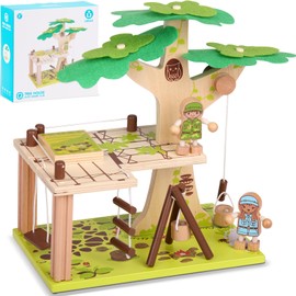 UDEAS Wooden Tree House Playset for Kids, 22 PCS Creative Building Block Set Construction Toys with 2 Figures, Rope Ladder, Swing and Disassembly Tools for Toddlers Kids Boys Girls