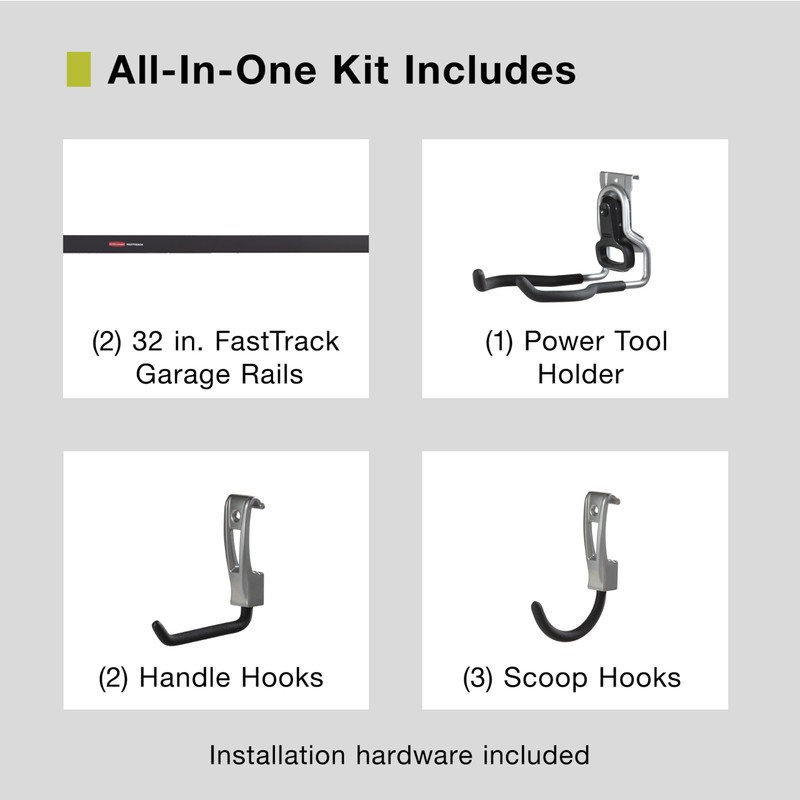 Rubbermaid Garage FastTrack 8-Piece Small Kit Black/Grey All-in-One Rail &