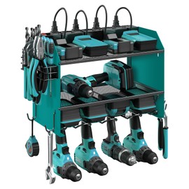 CCCEI Set Power Tool Organizer Wall Mount with Charging Station. Garage 4 Drill Storage Shelf with Hooks, Heavy Duty Metal Tool Battery Charger Organizer. Shop Utility Rack with Power Strip Navy Blue.
