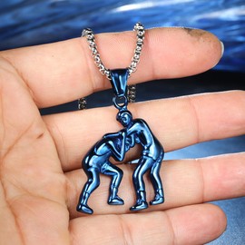 HIJONES Men's Stainless Steel Wrestling Match Pendant Sport Necklace Polished Blue