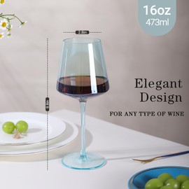 Light Blue Wine Glasses Set 6-16oz Modern Blue Wine Glasses With Tall Long Stem and Flat Bottom,Unique Blue Wine Stemware for Birthday Wedding Bridal Shower