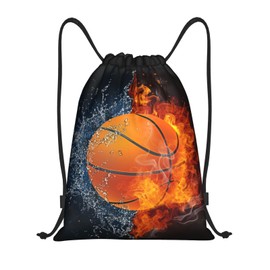 Basketball Drawstring Bags for Kids Boys Girls, Sports-Themed Drawstring Backpack Casual Knapsack for Adults Women Men, Black Draw String Rucksack Bags for Gym Travel Swimming Beach Camping, Medium