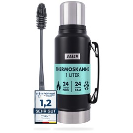 AARON Flask Thermos Flask, Insulated 1 Litre Thermos Flask - 24 Hours Hot & Cold, High-Quality Stainless Steel Vacuum Bottle for Travel, Sports & Everyday Life, Black and Steel