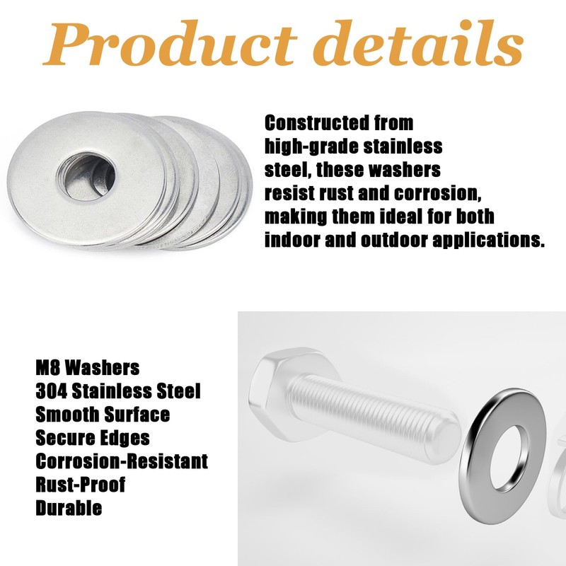 20-Pack M8 Flat Stainless Steel Washers – Precision Washers for