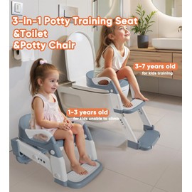 Wanchouse 3-in-1 Potty Training Seat & Training Toilet & Potty Chair, Height Adjustable Toddler Toilet Seat for Kids Boys Girls, Foldable Potty Training Toilet with Splash Guard and Anti-Slip Steps