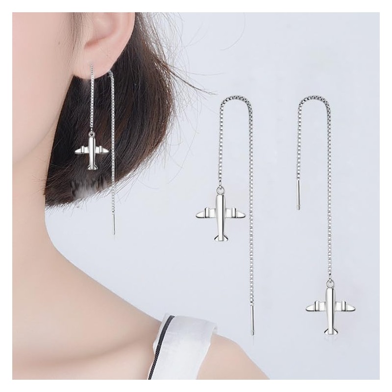 Rockyu Women's 925 Silver Earrings, Airplane Motif, Long Chain Earrings,