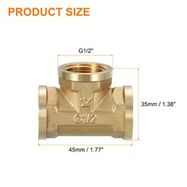 uxcell 2pcs Brass Tee Pipe Fitting, G1/2" Female 3 Way T-Connector Fitting Coupler Adapter for Gas Transport Connect Pipelines