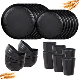 LIYH 24Pcs Wheat Straw Dinnerware Sets Unbreakable Dinner Plates and Bowls Set Black Plastic Dinnerware Set Include 12Pcs Wheat Straw Plates 6Pcs Bowls 6Pcs Cups Dish Set for Kitchen&Camping