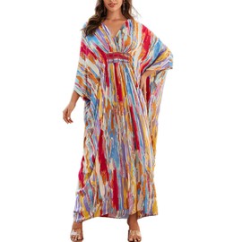 LikeJump Women Boho Maxi Long Kaftan Beach Cover Up Swimwear Kimono Maxi Dress Plus Size Tpos