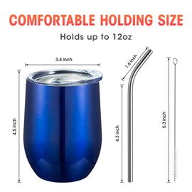 COMOOO 12oz Stainless Steel Wine Tumbler with Lid and Straw, Double Wall Vacuum Insulated Travel Tumbler Cup Stemless for Hot and Cold Drinks Coffee, Wine, Cocktails, Royal blue, 16 Pack