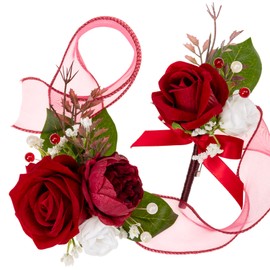 Fnize Corsage and Boutonniere Set for Prom Homecoming Graduation Wedding, Silk Wrist Corsages for Women and Boutonniere for Men with Faux Rose Artificial Peony (Red)
