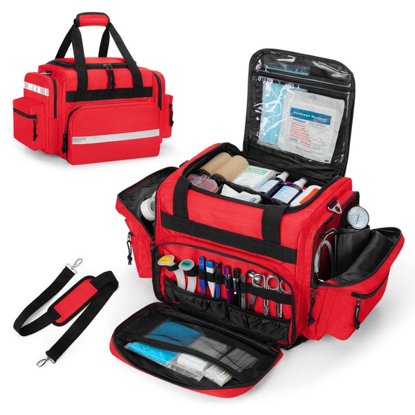 Damero Professional Medical Bag Empty, First Responder Trauma Bag with Detachable Dividers for Home Health Care, EMT, EMS, Red(Bag ONLY)