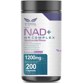 ETERNAL NUTRITION NAD+ NR Complex: Nicotinamida Ribósida NR (200 Caps) | NR, Trans-Pterostilbeno y Calostro Bovino · 100 Porciones · 1200 mg · Producción de NAD+, Energía y Longevidad Celular