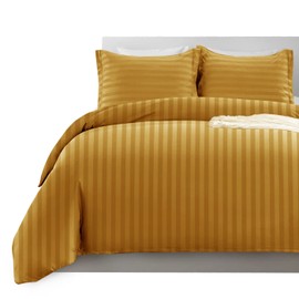 Imperial Rooms Duvet Cover Sets – Stripes Satin Quilt Cover Bedding Sets with Pillowcase, Reversible Ultra Soft Hypoallergenic Microfiber Bed Covers (Mustard, Single)