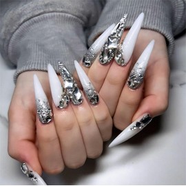 Rchovsam White Press on Nails Long Almond Tip Stick on Nails Full Diamond False Nails Glitter Diamond Glue on Nails White Fake Nails Stiletto Acrylic UñAs AcríLicas for Wemons 24pcs
