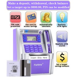 Fishboy ATM Piggy Bank for Kids with Power-Off Memory and Debit Card for Real Money, Onekey Shutdown, Coin Recognition, Target Setting, Bill Feeder, Balance Calculator, Electronic Savings Machine Box
