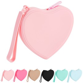 JOVAKIT Small Heart Shaped Portable Silicone Makeup Bag for Women, Travel Waterproof Cosmetic Bag Gifts for Women Girls, Zipper Closure Makeup Case with Handle (Pink)