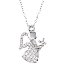 CloseoutWarehouse Cubic Zirconia Angel Cross and Wings Necklace Rhodium Plated Sterling Silver