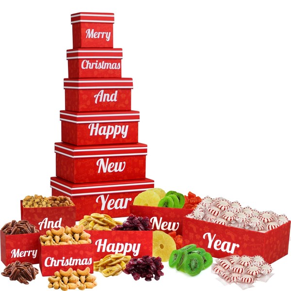 Merry Christmas and Happy New Year Gift Basket Tower, with Dried Fruits & Nuts Gourmet Cravings Indulgence - 6 Tier Food Basket Gift Set Great Treat Towers Christmas Gifts Present for Men & Women