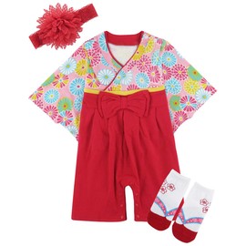 SHELISTEN Baby Hakama, Girls' Yukata Romper, 100% Cotton, Formal Kimono, 3-Piece Set, Includes Hair Band and Socks, 70, 80, 90, 95
