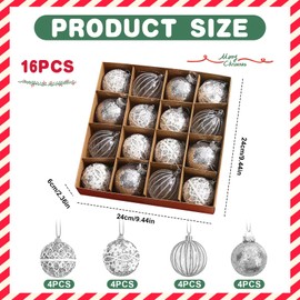 Pack of 16 Christmas Bauble Ornaments Christmas Balls Christmas Tree Decoration Xmas Tree Hanging Shatterproof Baubles Ornaments Christmas Baubles for Christmas Party Decoration (Silver)