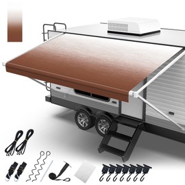 Fonzier RV Awning Fabric Replacement, 18.5oz Heavy Duty Vinyl, with Awning Tie Down Kits & 7 Awning Hooks & Pull Strap for Trailer Camper Awning- 14'(Fabric 13'2"), Sand Brown Fade