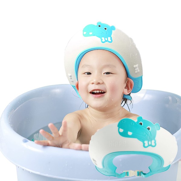 FUSACONY Baby Shower Cap Shampoo Cap for Kids Baby Hair Washing Shield Adjustable Bath Visor Face Shield for Toddler Kids Boys Girls Shower Hat to Stop Water in Eyes Hippo (Blue)