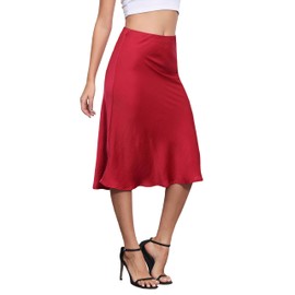 ALCEA ROSEA Womens Midi Satin Silky Skirt Elastic High Waisted A-line Elegant Wedding Skirts AR7302 (Red, L)