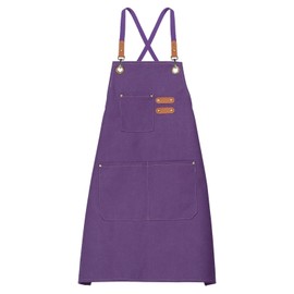 HARFINGTON Canvas Chef Aprons 75x69cm Adjustable Strap Cross Back Kitchen Cooking Apron with 3 Pockets for Men Women Chef, Purple