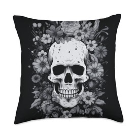 Skull And Flowers Designs Black and White Sugar Flower Skull Floral Roses Throw Pillow, 18x18, Multicolor