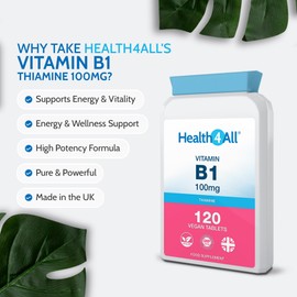 Health4All Vitamin B1 Thiamine 100mg, 120 Tablets 4 Months Supply, Easy to Swallow Thiamin High Strength Supplement for Heart Health, Nervous System and Metabolism, Vegan | Made in The UK