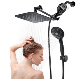 8'' Dual 20 Stage Filtered Shower Head with Handheld, 6 Spray Settings Handheld Shower Head High Pressure Rainfall Filter Combo with 12'' Adjustable Extension Arm, 71'' Shower Hose (Matte Black)
