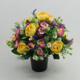 Artificial Grave Flower Arrangement with yellow ranunculus and mini spring pansies, 25cm