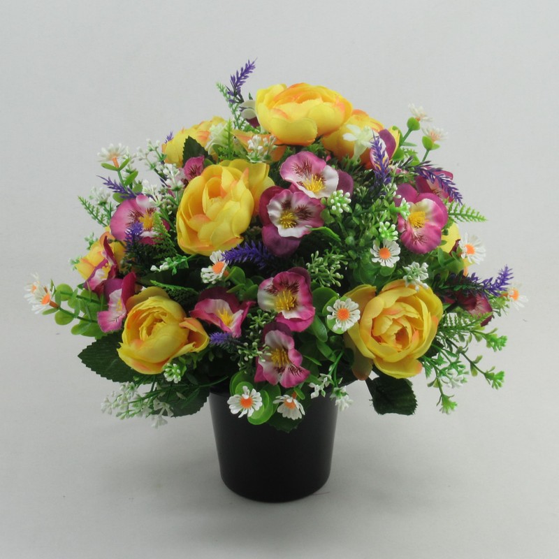 Artificial Grave Flower Arrangement with yellow ranunculus and mini spring