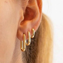 3 Pairs Chunky Gold Hoop Earrings Set for Women Dainty Rectangle Hoop Earrings Lightweight Small Huggie Hoop Earrings Hypoallergenic Minimalist Stud Earrings Trendy Jewelry (Gold)