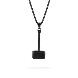Buve Viking Thor Hammer Stainless Steel Pendant Necklace Matte Black With 26 Inch Black Stainless Steel Rolo Chain