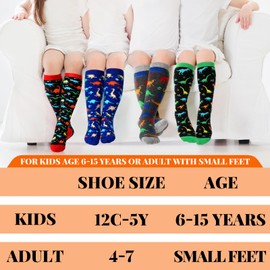 Tisancy 4 Pairs Kids Compression Socks Dinosaur Compression Stockings Knee Length Compression Socks for Kids Boys Girls child Adult Small Feet