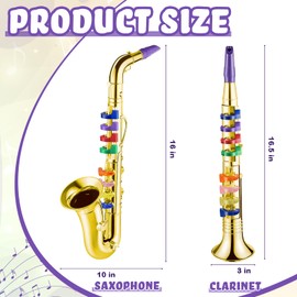 Amylove Set of 2 Musical Instruments Including Toy Clarinet and Toy Saxophone Plastic Saxophone Toy Clarinet with 8 Colored Keys for Home School Teaching Songs Music Gift, Gold Finish