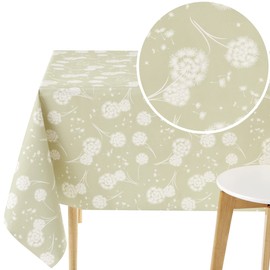 KP HOME Wipe Clean PVC Tablecloth, Rectangular, 200 x 140 cm, Waterproof Oilcloth, Dining Tablecloth, Oilcloth Tablecloth, Easy Care, Sage Green with Dandelion Pattern