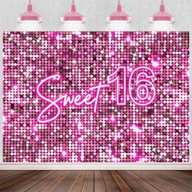 Sensfun Sweet 16 Birthday Backdrop Pink Flash Sequins Wall Sweet Sixteen Photography Background for Girls 16th Birthday Party Banner Decorations Photo Booth Studio Backdrops 7x5ft