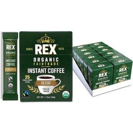 Rex Coffee Organic Fairtrade Decaf Freeze-Dried Instant Sticks – Naturally Decaffeinated Arabica, 300 Single-Serve Packs, Mountain Water Process