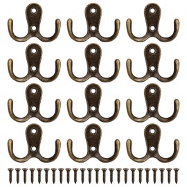 12 Pcs Door Hooks, Double Coat Hooks with 24 Screws, Wall Hooks for Door & Wall, Heavy Duty Metal Door Hooks Screw in for Hanging Robe Towel Coat Hat Bag, Vintage Hooks for Bedroom Bathroom, Bronze