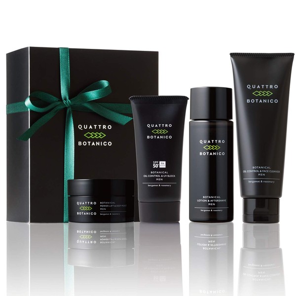 Quattro Botanico (Men Present All-in-One Lotion & Face Wash & Sunscreen UV & Cream) 4 Step Skin Care Gift Set for Men Men Cosmetics Birthday