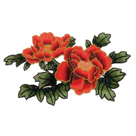 Peony Flowers with Dark Green Leaves Embroidered Appliques Sew Iron on Patches-Red