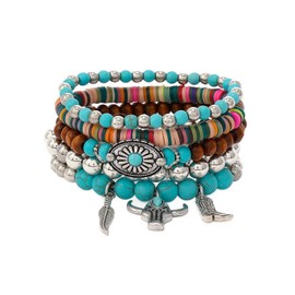 JHJEWH Western Bracelets for Women,Cowgirl Turquoise Beaded Stretch Bracelets,Stackable Bull Head Cowboy Boots Feather Bracelets Set,Western Cowgirl Jewelry Accessories for Women