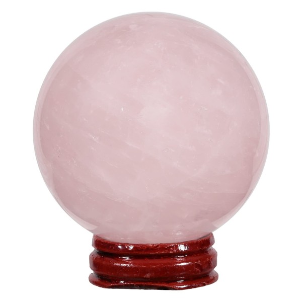 KYEYGWO Natural Rose Quartz Crystal Ball Figure with Wooden Stand, Polished Round Stone Ball Sculpture Fengshui Ornament Gemstone Fortune Telling Ball House Decor for Reiki Healing, Wicca, 50-55 mm
