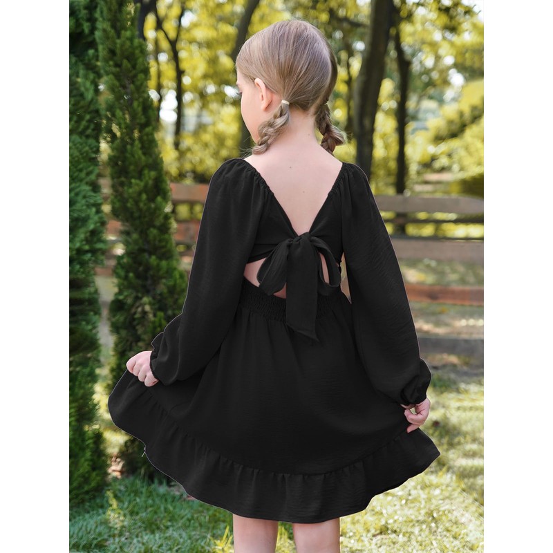 Batermoon Girls Long Sleeve Tie Back Dress Kids Fall Square