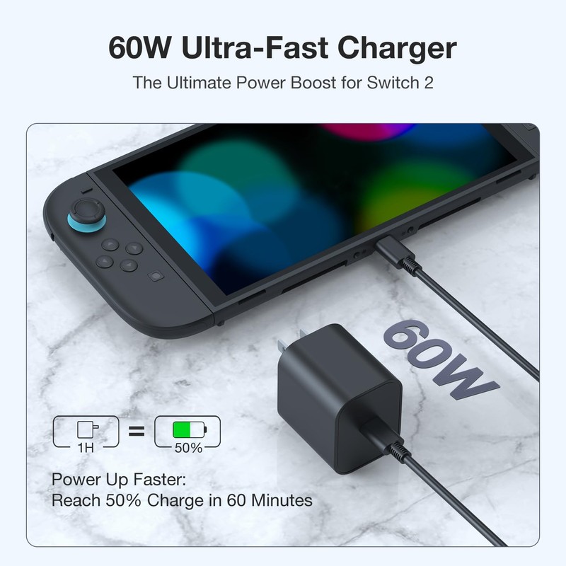 Switch 2 Charger, 60W Switch 2 Power AC Adapter with