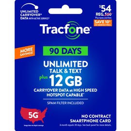 Tracfone $54 Unlimited Talk & Text, 12 GB of Data / 90 Days (Physical Card)